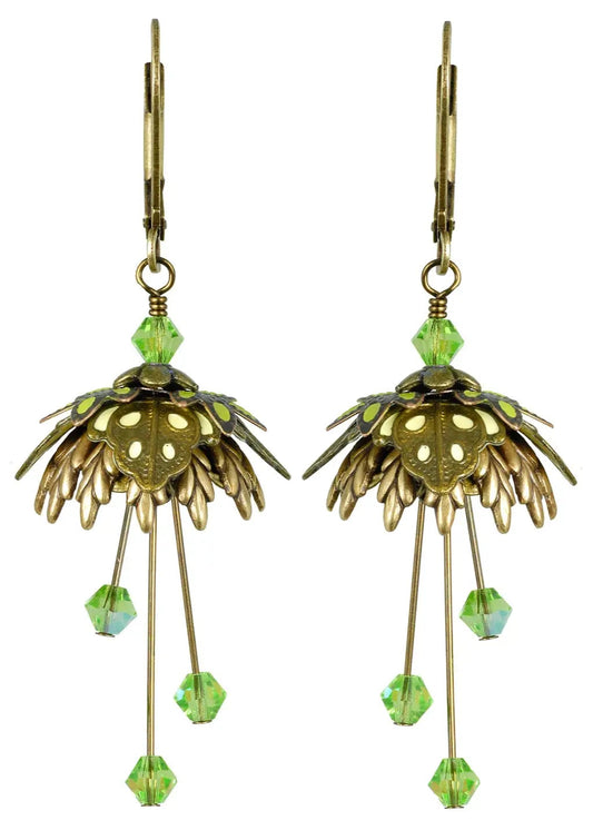 Flower Fairy: Painted Wild Filigree Leaf Earrings W Crystals