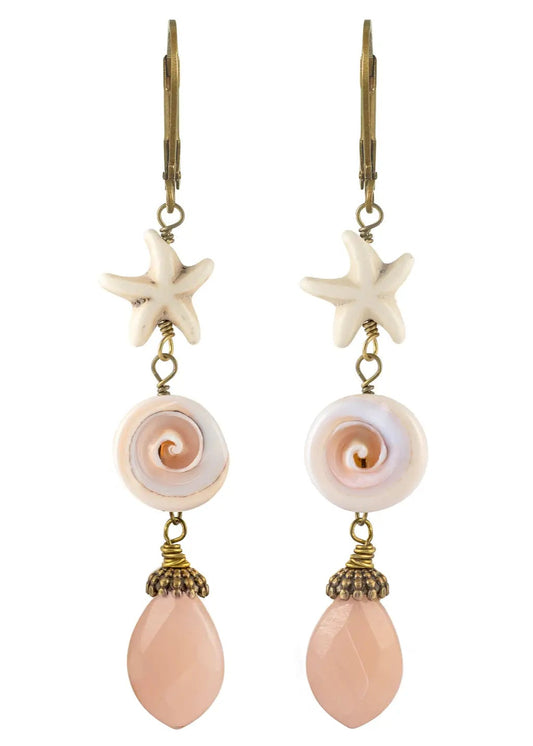 Tropical Vacation: Starfish, Real Shell, Peach Drop Earrings