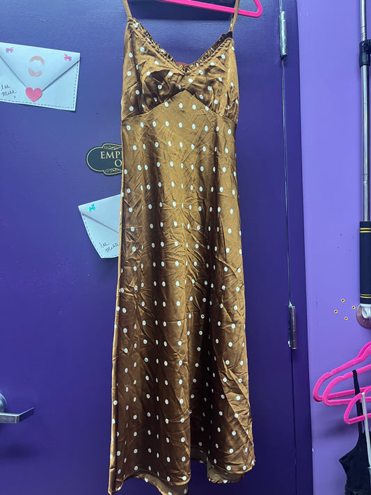 LM918 brown polka dot satin maxi dress