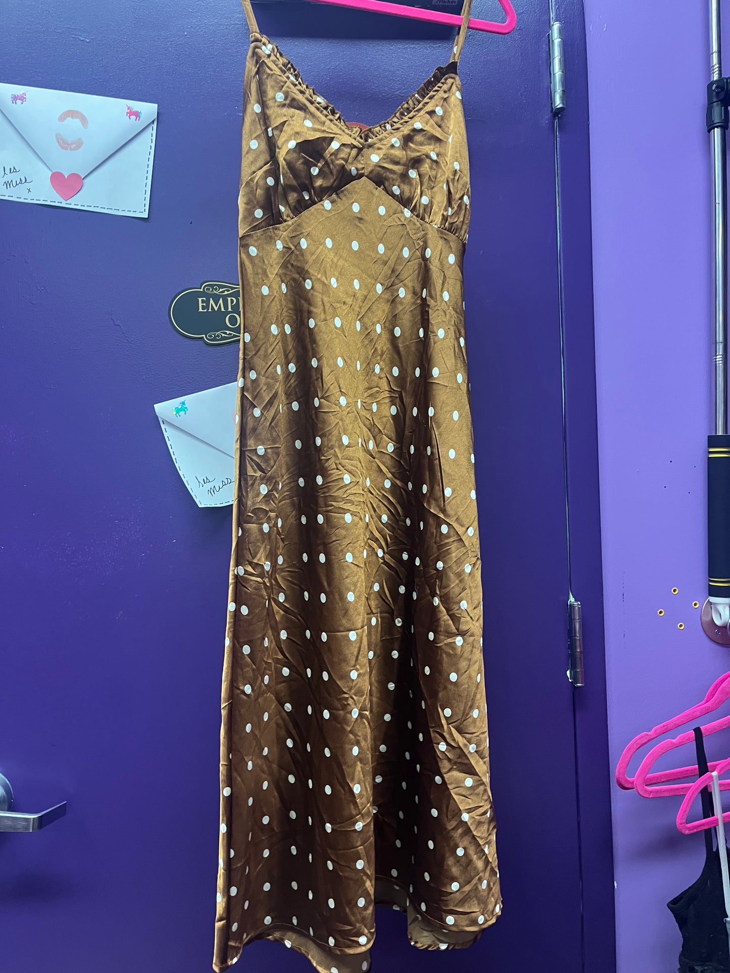 LM918 brown polka dot satin maxi dress