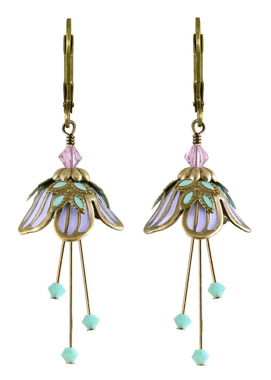 Painted Delicate Flower Earrings With Crystals