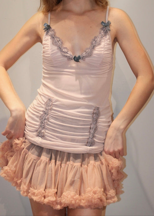 Baby Pink Ruched Lingerie Top with Blue Lace Details