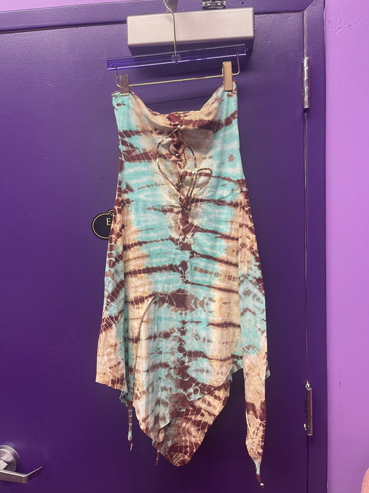 baby phat blue n brown tie dye strapless dress