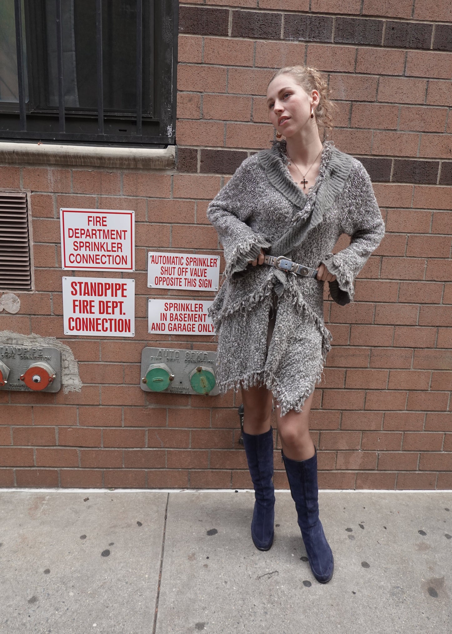 Grey Chunky Knit Ruffled Cardigan