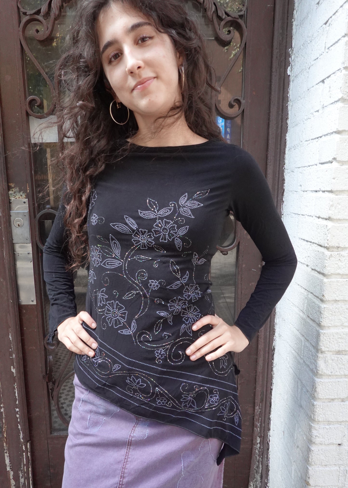 Black Asymmetrical Floral Bejeweled Top