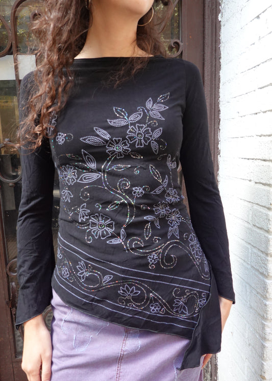 Black Asymmetrical Floral Bejeweled Top