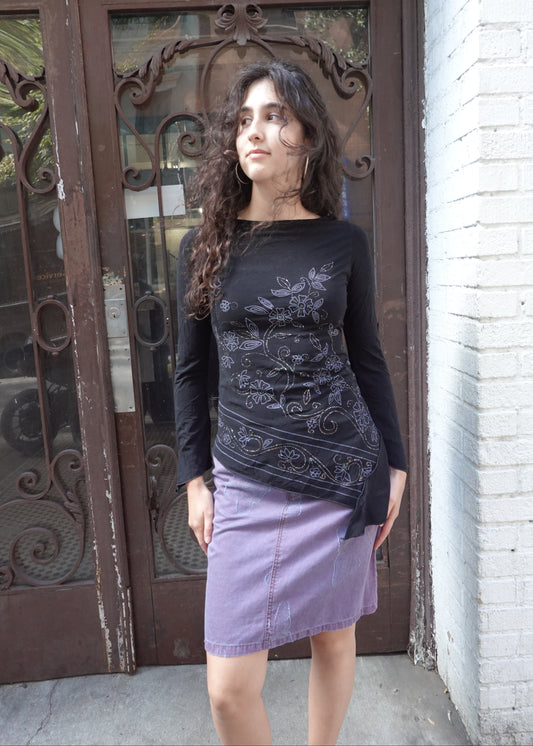 Black Asymmetrical Floral Bejeweled Top