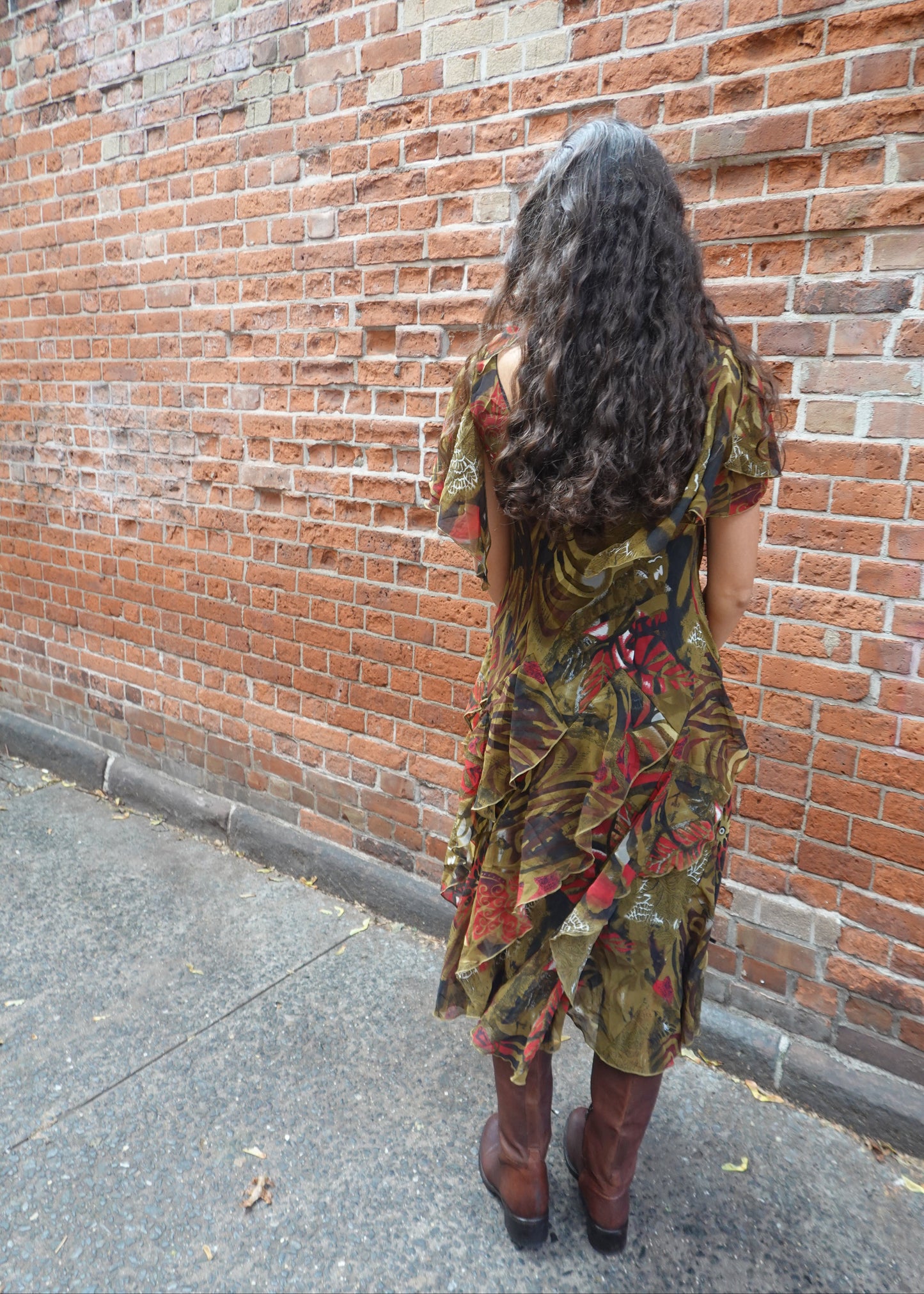 Green Patterned Ruffle Midi Dress