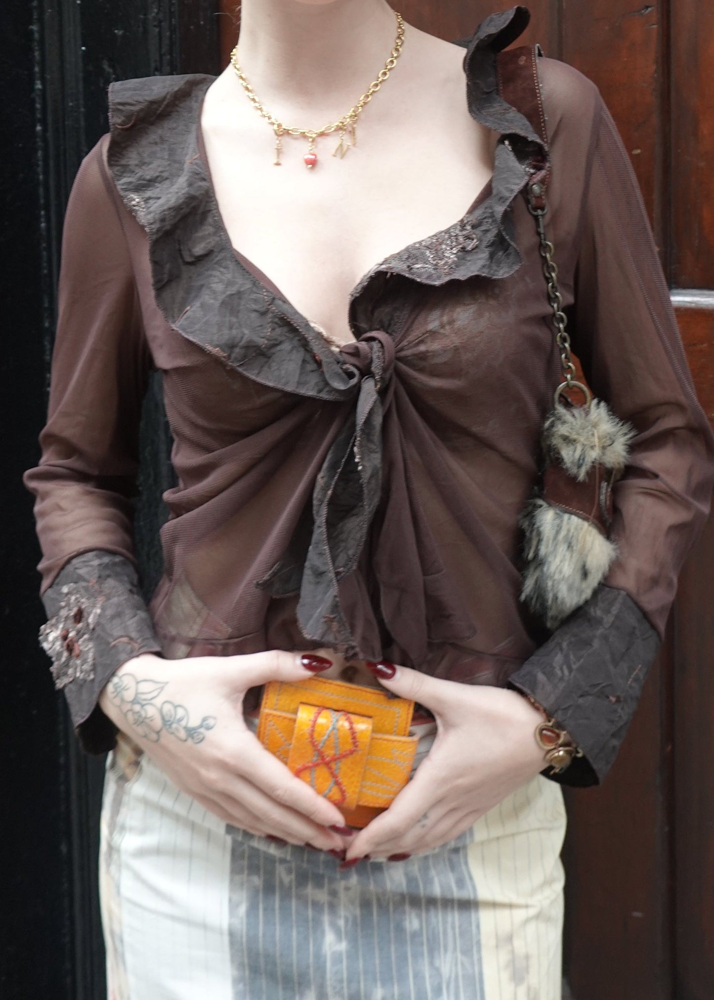 Brown Sheer Tie Front Long Sleeve