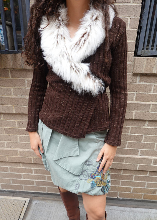 Sparkle Fur Collar Tie Front Cardigan