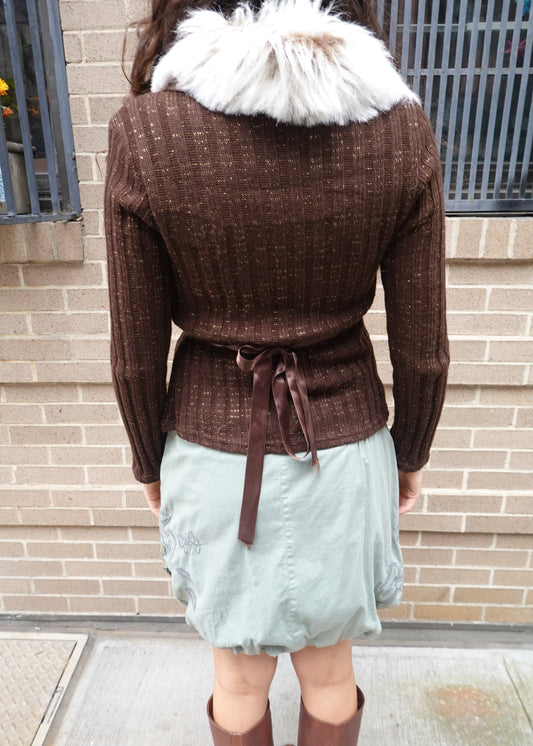 Sparkle Fur Collar Tie Front Cardigan