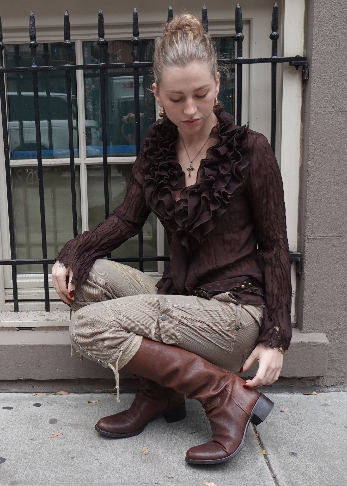 Sheer Brown Ruffle Blouse