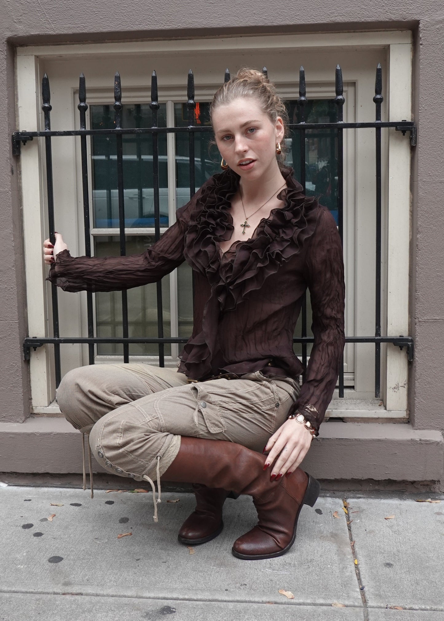 Sheer Brown Ruffle Blouse