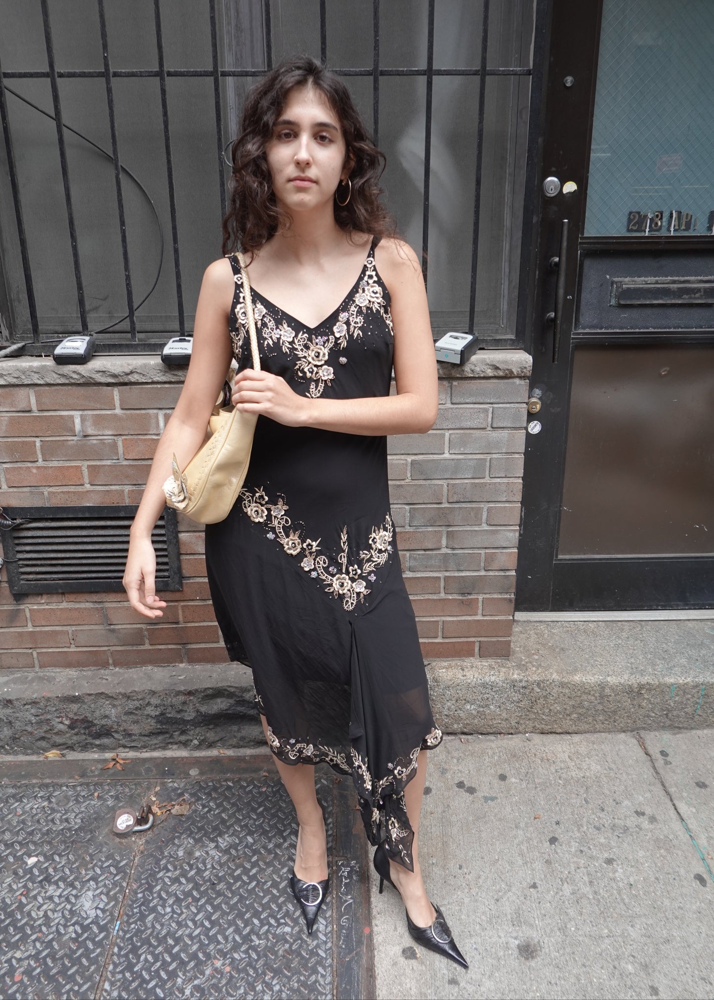 Black Floral Beaded Midi Dress
