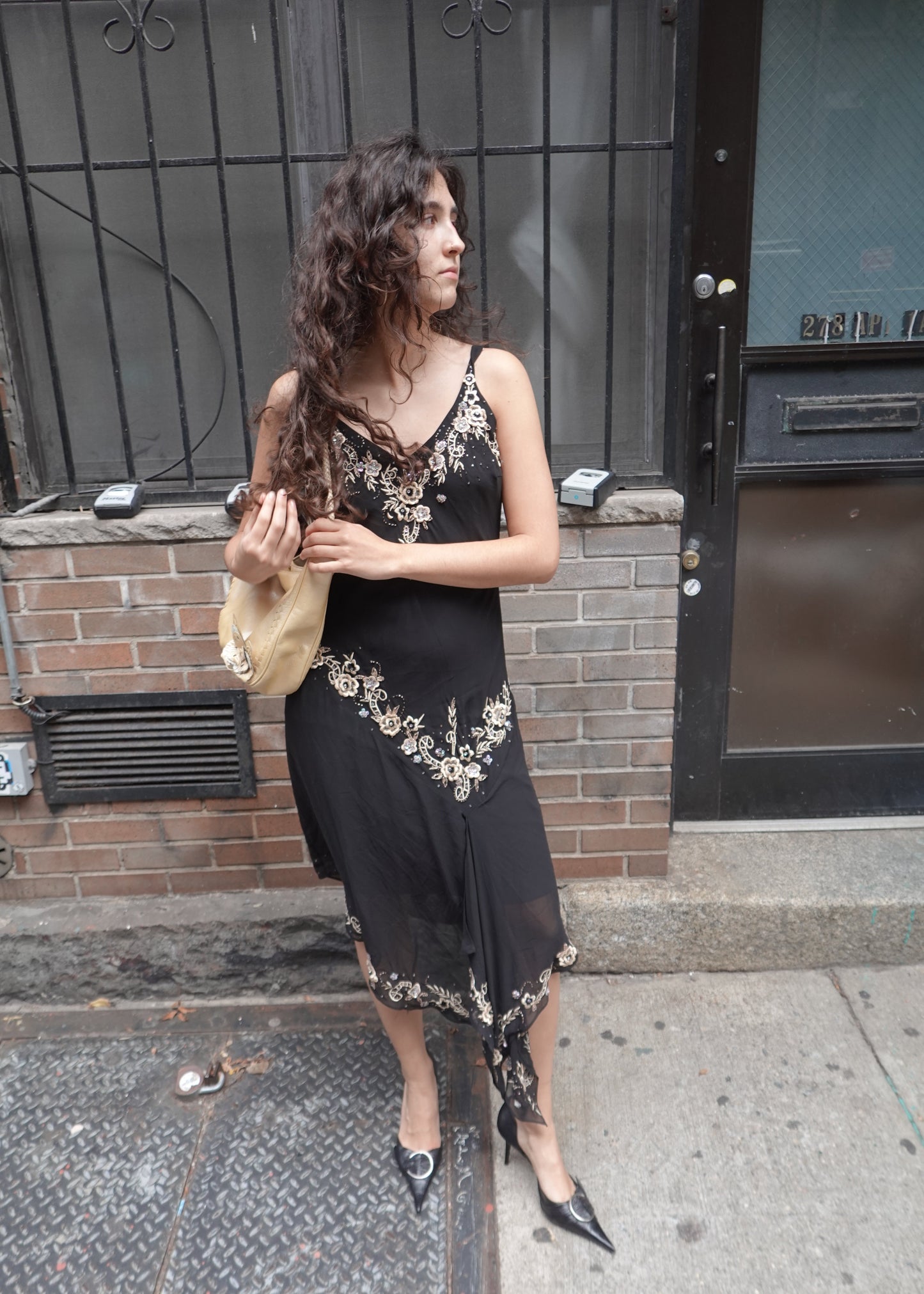 Black Floral Beaded Midi Dress