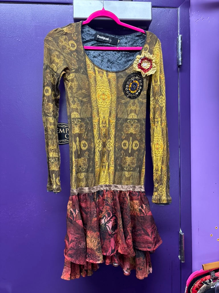 LM849 Desigual Red and Yellow Beaded Long Sleeve Dress