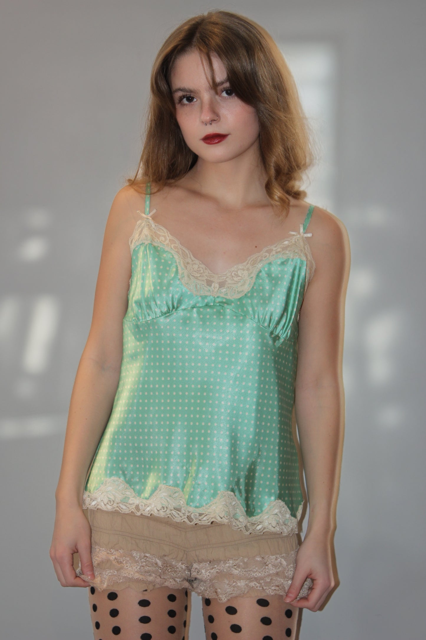 Vanity Fair Green Polka Dot Lace Cami