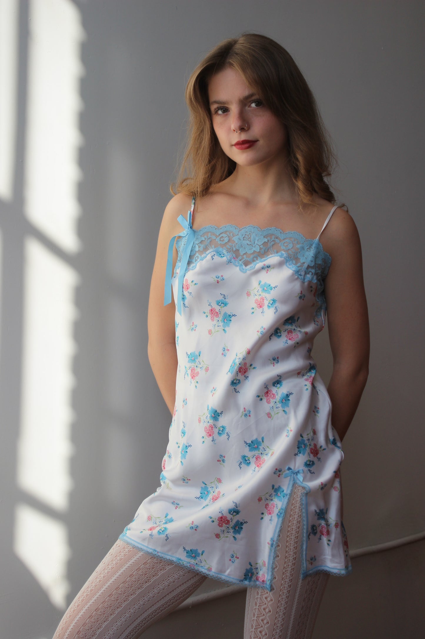 Victoria's Secret Angels Floral Slip with Blue Lace Trim