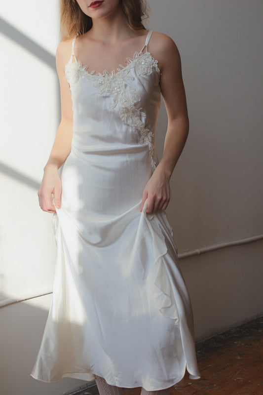 Ivory Lace Beaded Appliqué Long Slip Dress