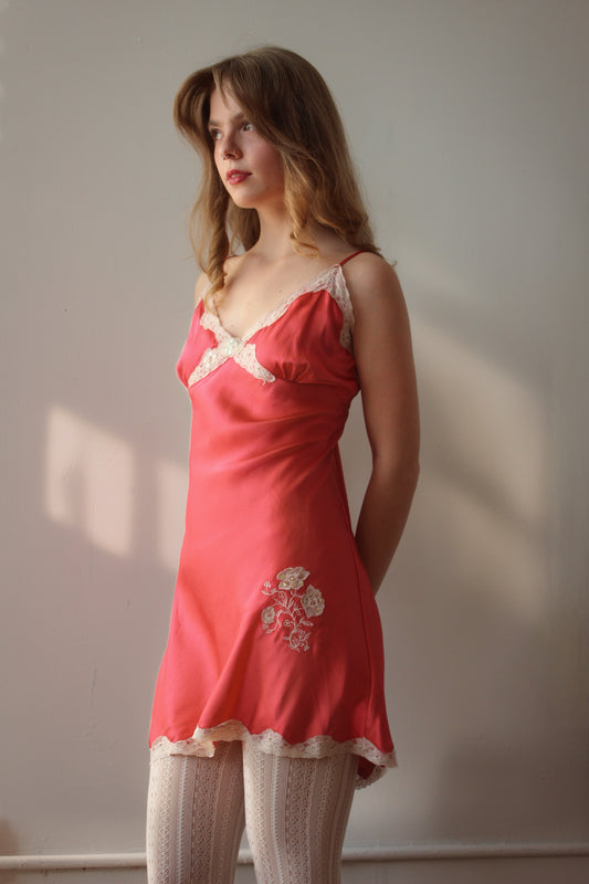 Red Slip Dress with Lace and Beading Details