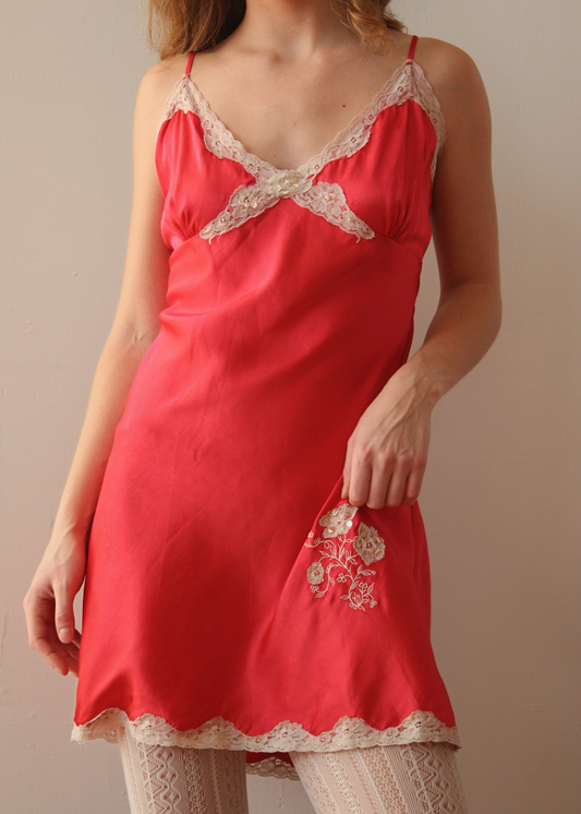 Red Slip Dress with Lace and Beading Details