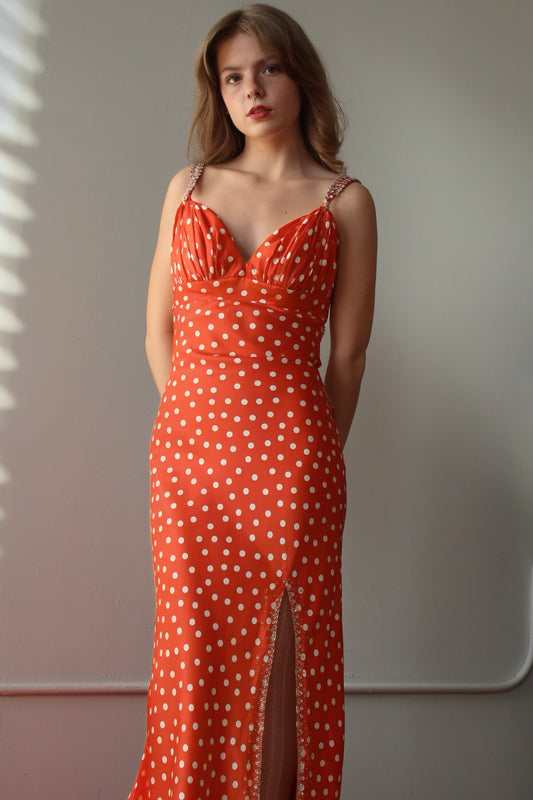 Mori Lee Red Polka Dot Beaded Gown