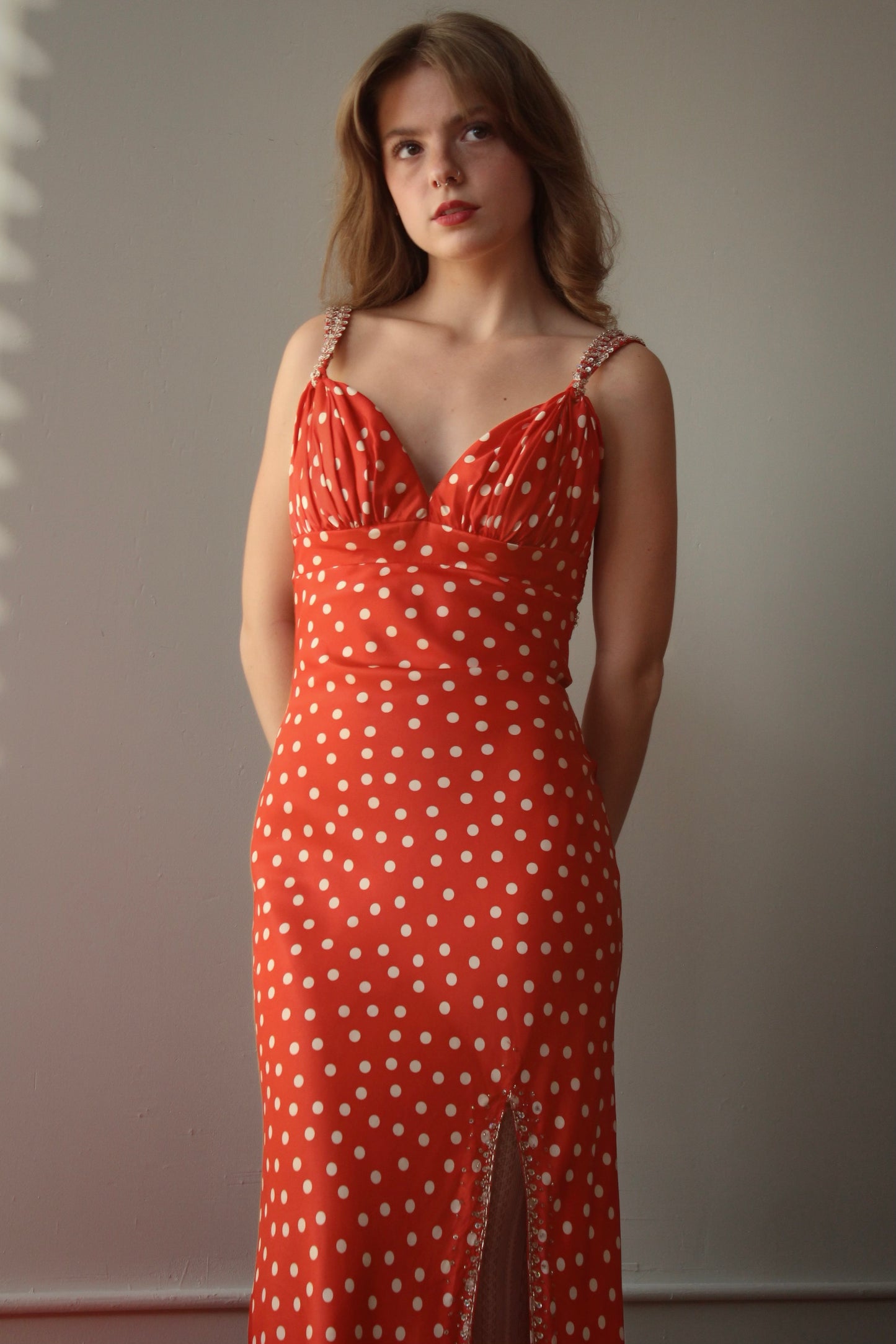 Mori Lee Red Polka Dot Beaded Gown