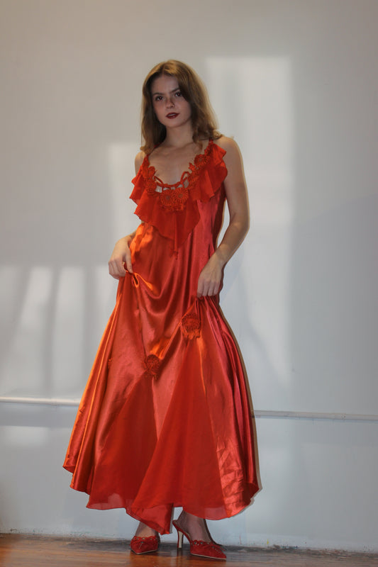 Red Floral Appliqué Ruffle Long Slip Dress