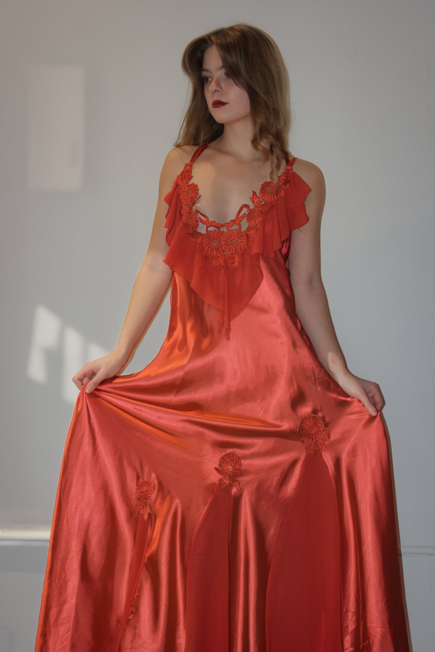 Red Floral Appliqué Ruffle Long Slip Dress