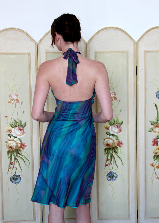Laundry by Shelli Segal Silk Purple Blue and Green Seawater Halter Dress