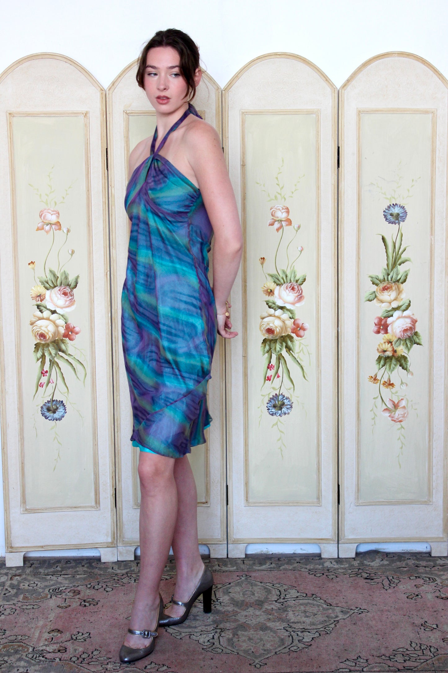 Laundry by Shelli Segal Silk Purple Blue and Green Seawater Halter Dress