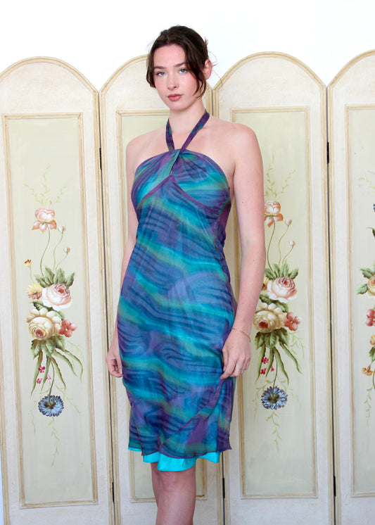 Laundry by Shelli Segal Silk Purple Blue and Green Seawater Halter Dress