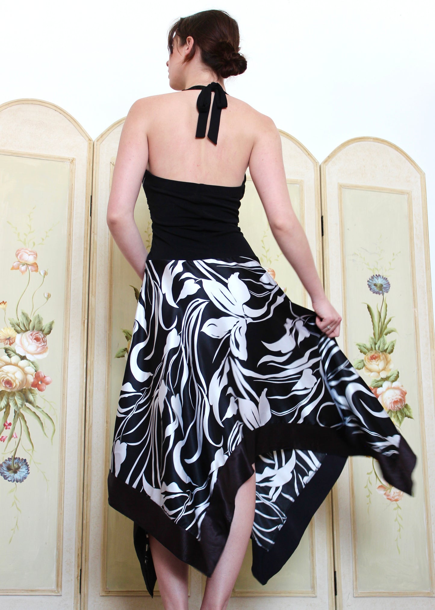 Speechless Drop Waist Halter Dress with Asymmetric Skirt