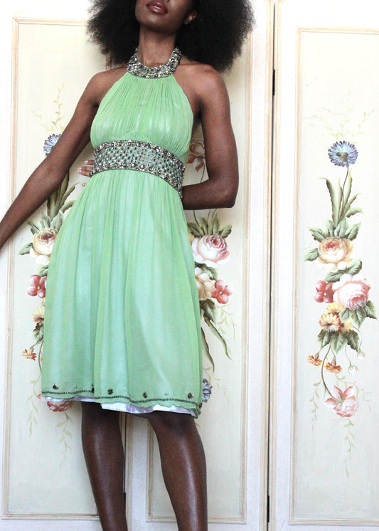 Adrianna Papell Evening Silk Beaded Halter Dress