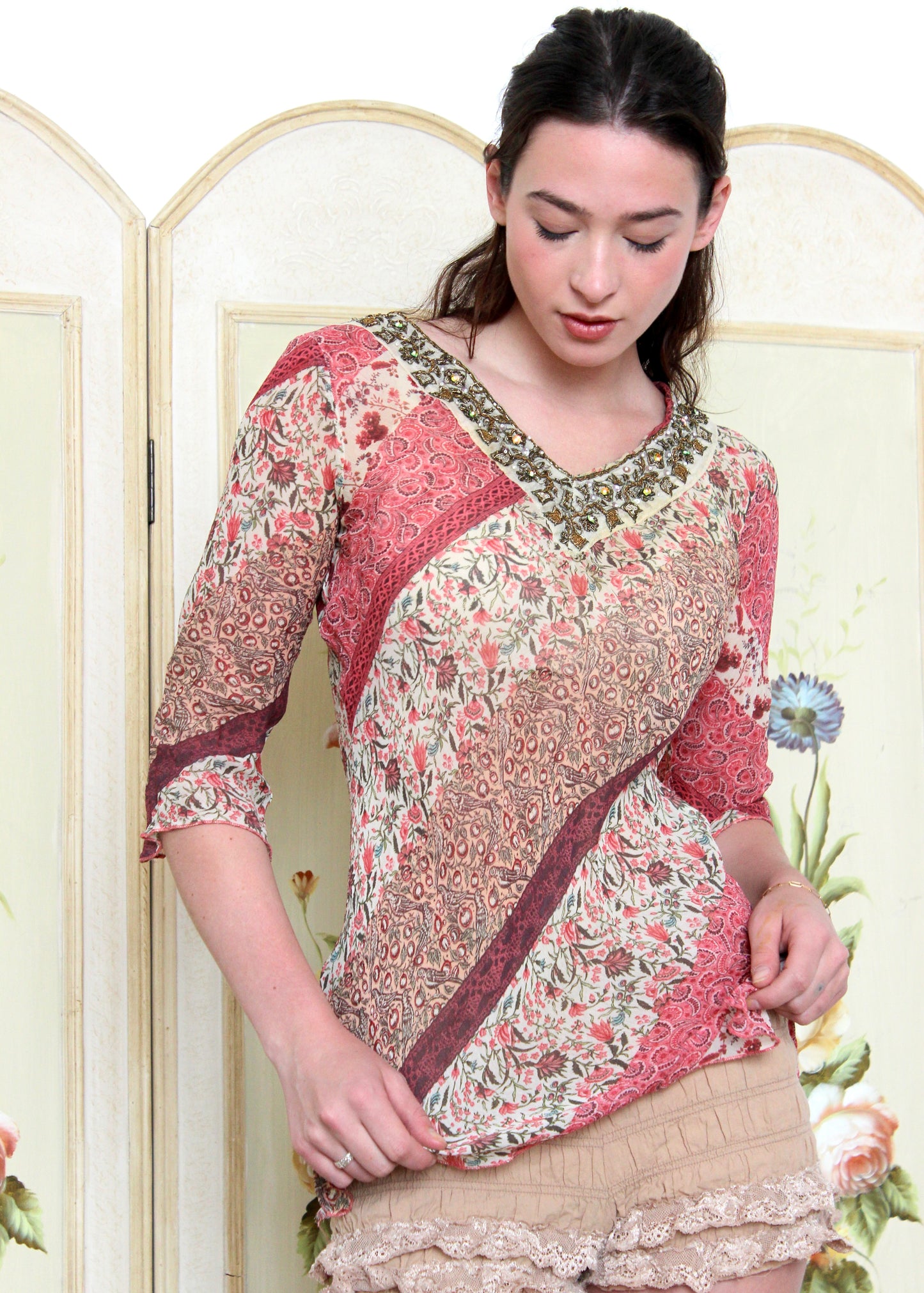 Motivi Pink Patterned Beaded Tunic Top