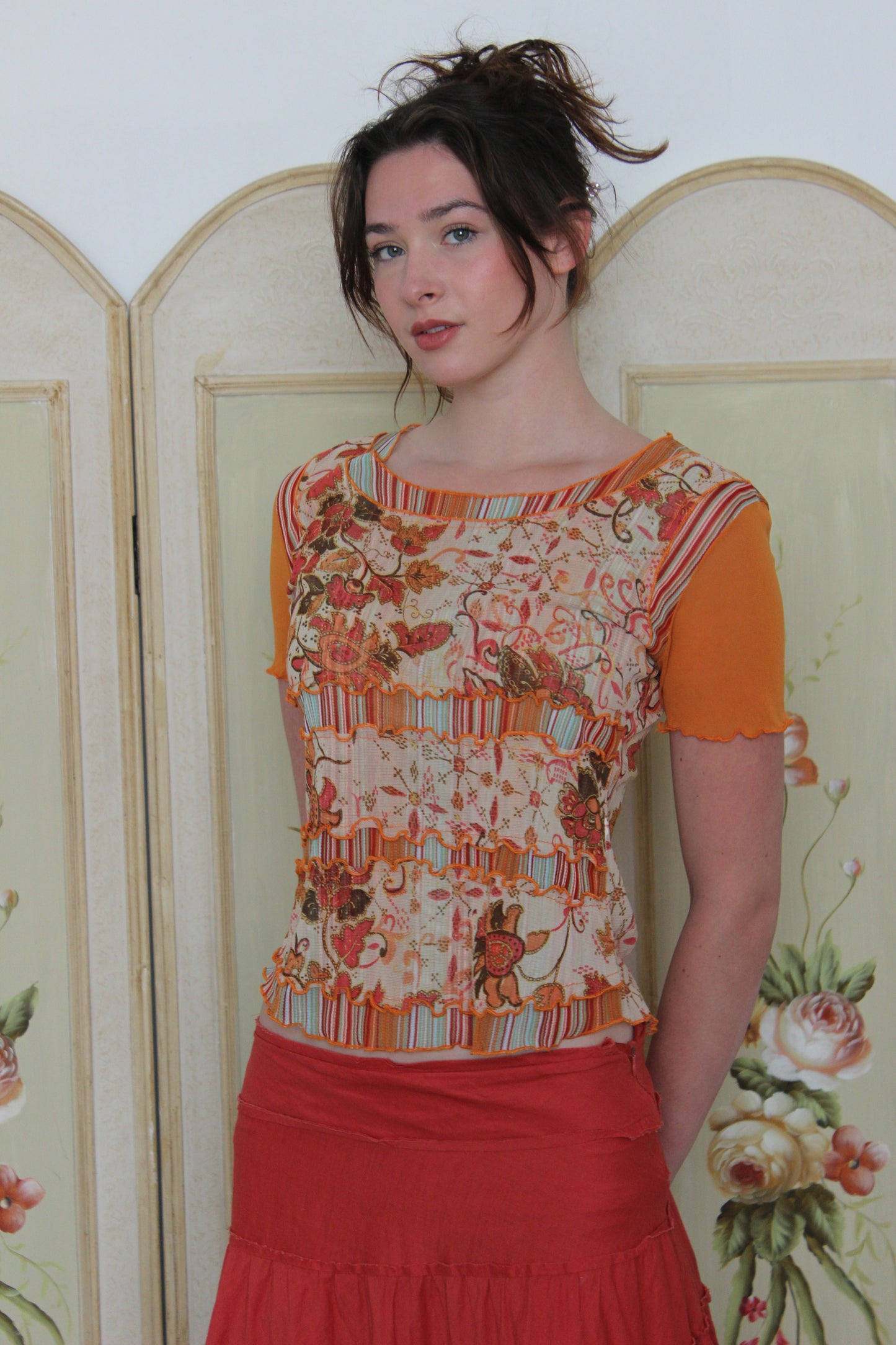 Orange Multi Patterned Mesh Top