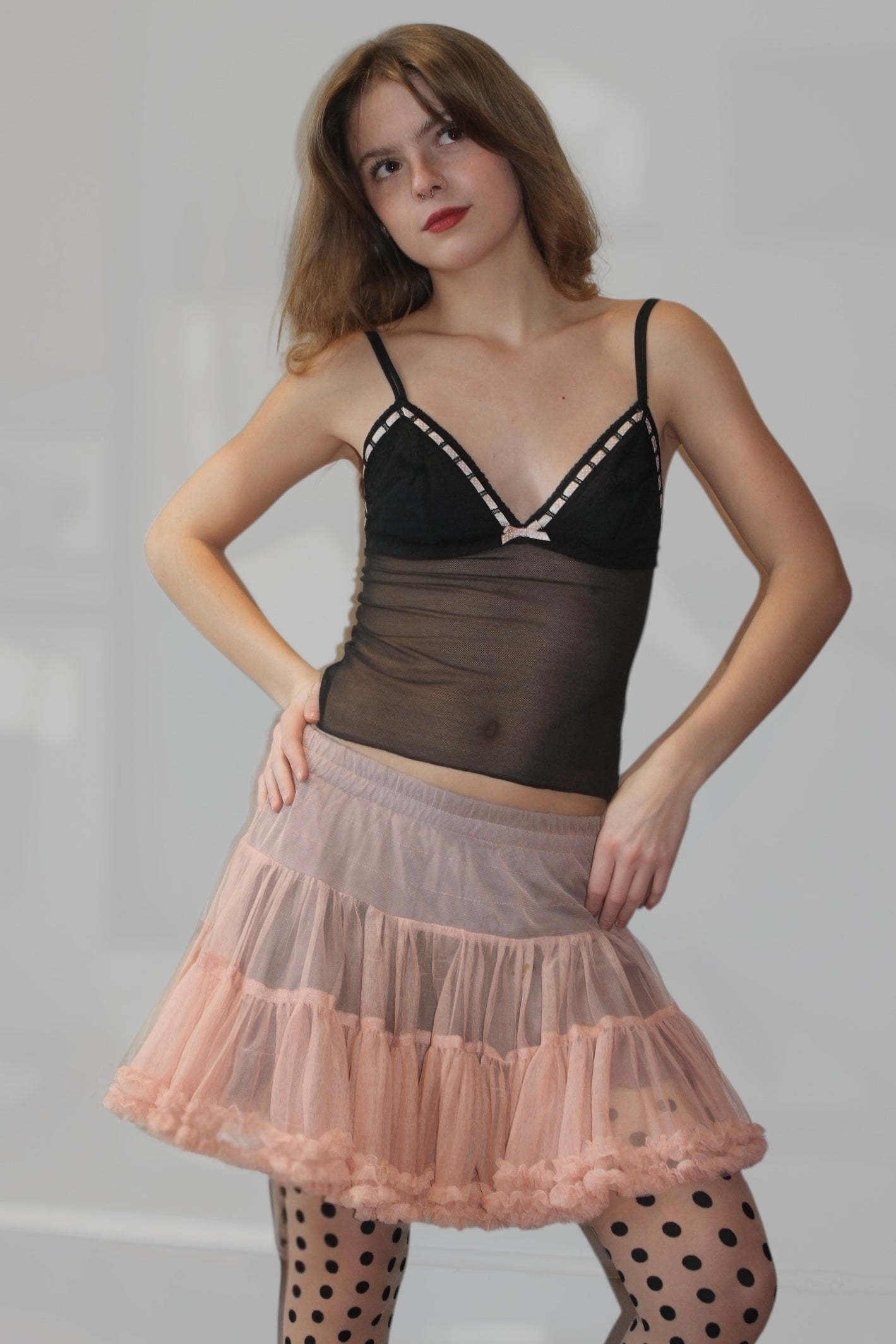 Black Mesh Cami with Pink Ribbon Detail