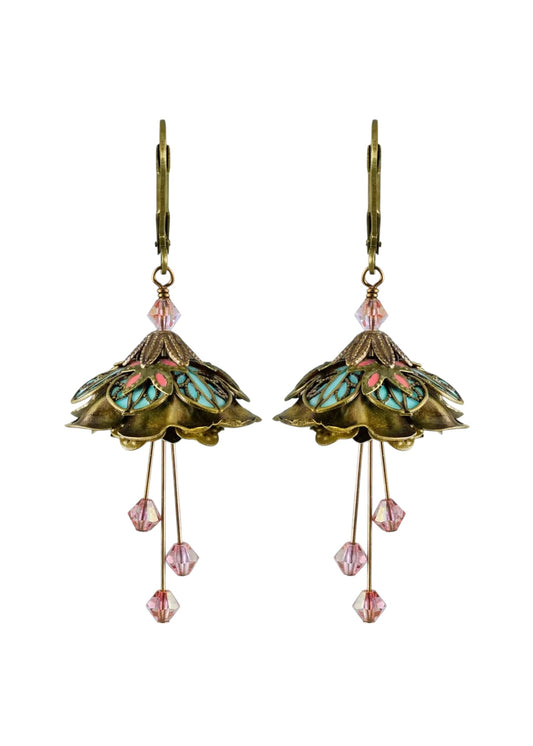 Flower Fairy: Painted Whimsical Lily Pad Earrings W Crystals