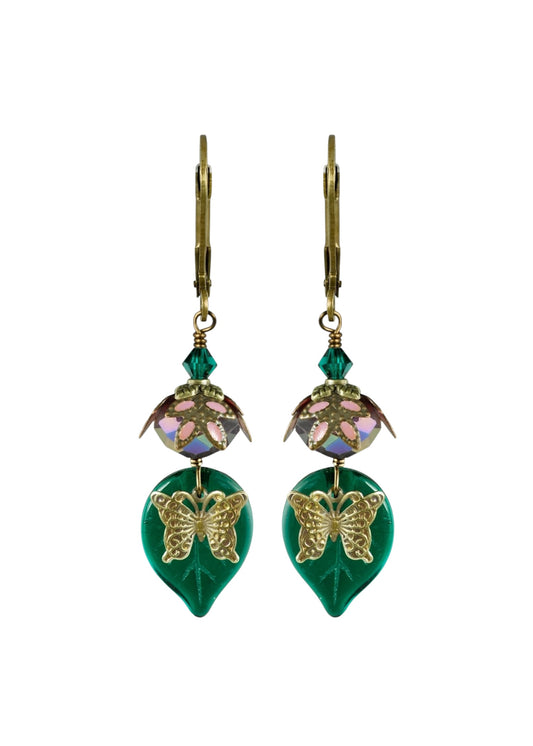 Fairyland: Butterfly Leaf Hand Painted Earrings w/ Crystals