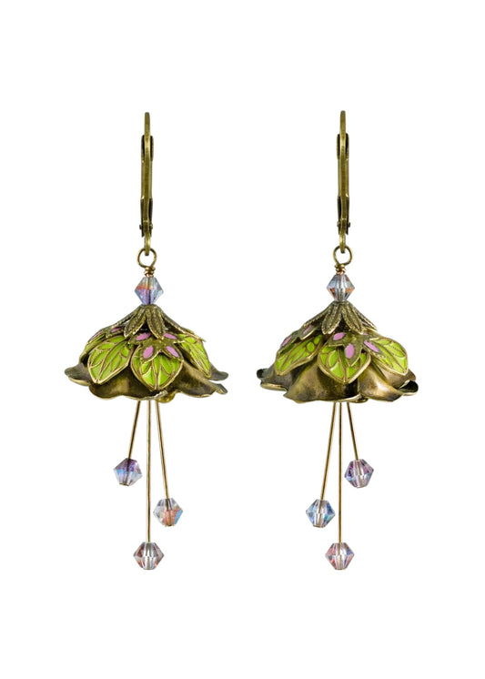 Flower Fairy: Painted Whimsical Lily Pad Earrings W Crystals