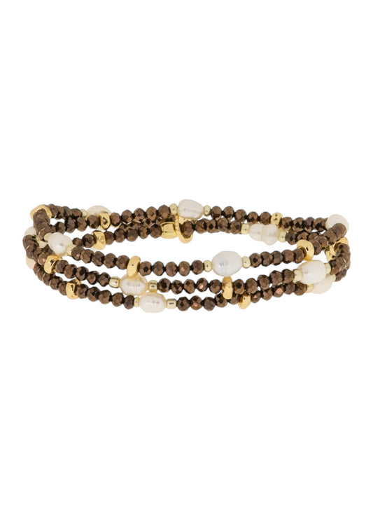 Gold/Bronze Crystal Beaded Pearl Stretch Bracelet