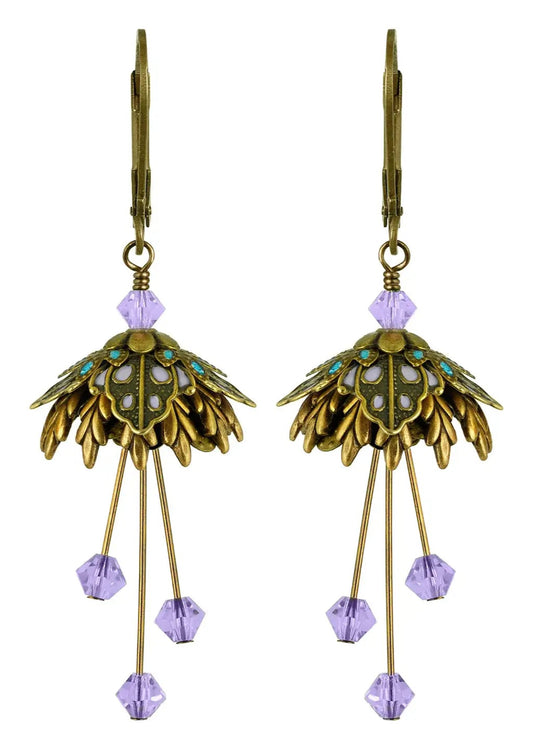 Flower Fairy: Painted Wild Filigree Leaf Earrings W Crystals