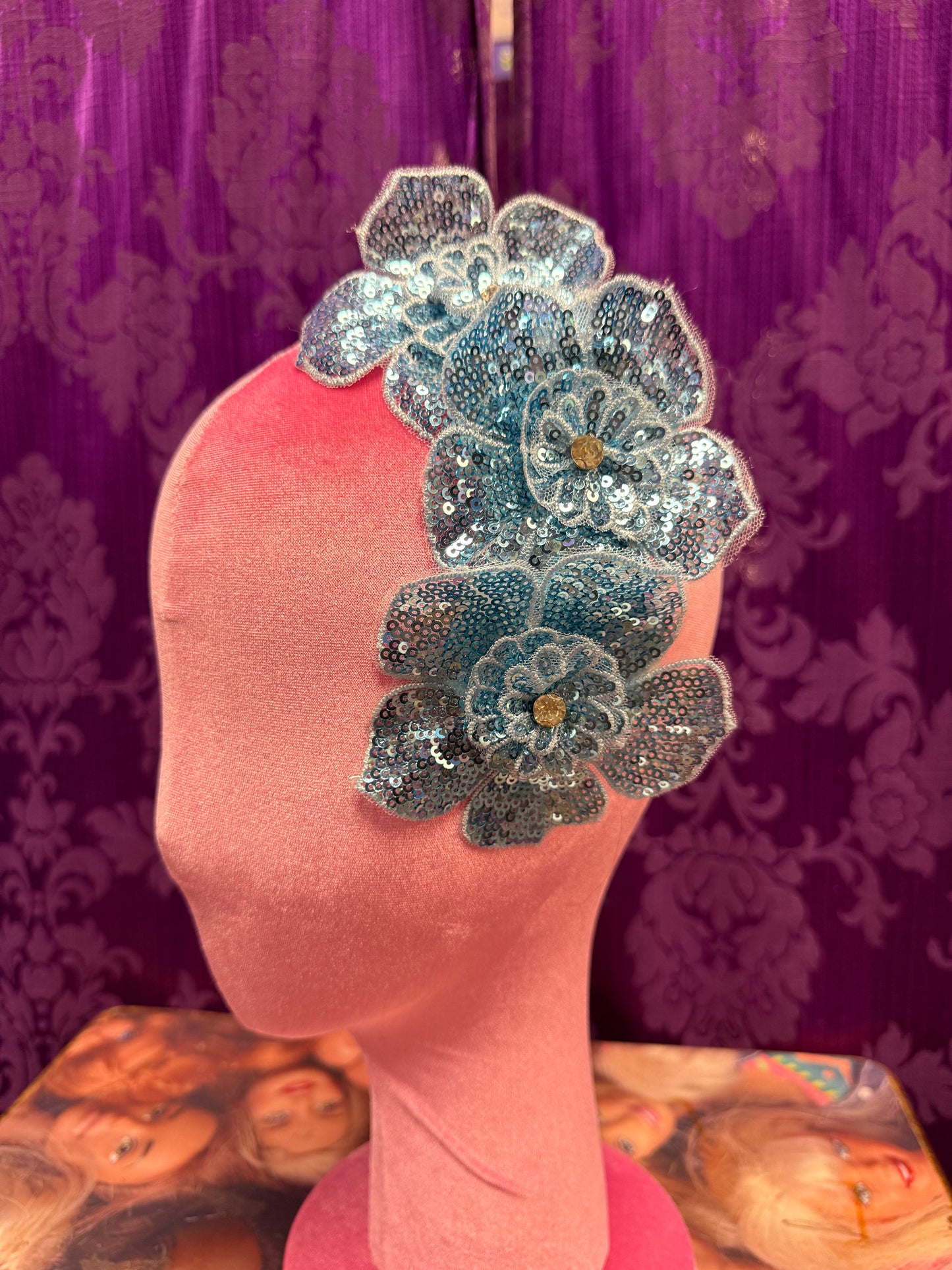 Handmade Blue Sequin Flower Headpiece