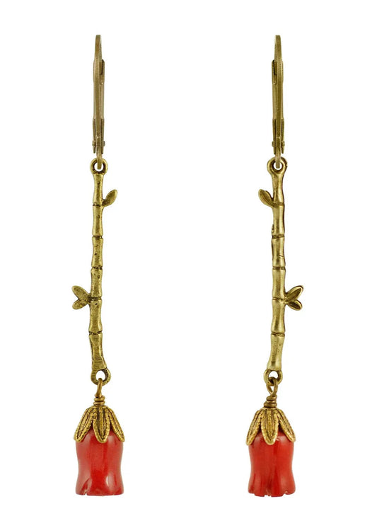 Fairyland: Bamboo & Carved Coral/Enamel Rose Dangle Earrings