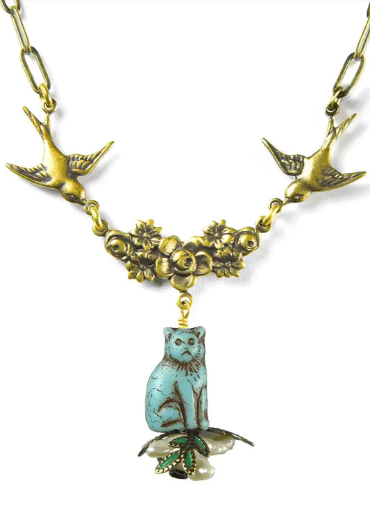 Fairyland: Birds Shooing Cats On Coral or Pearl Necklace