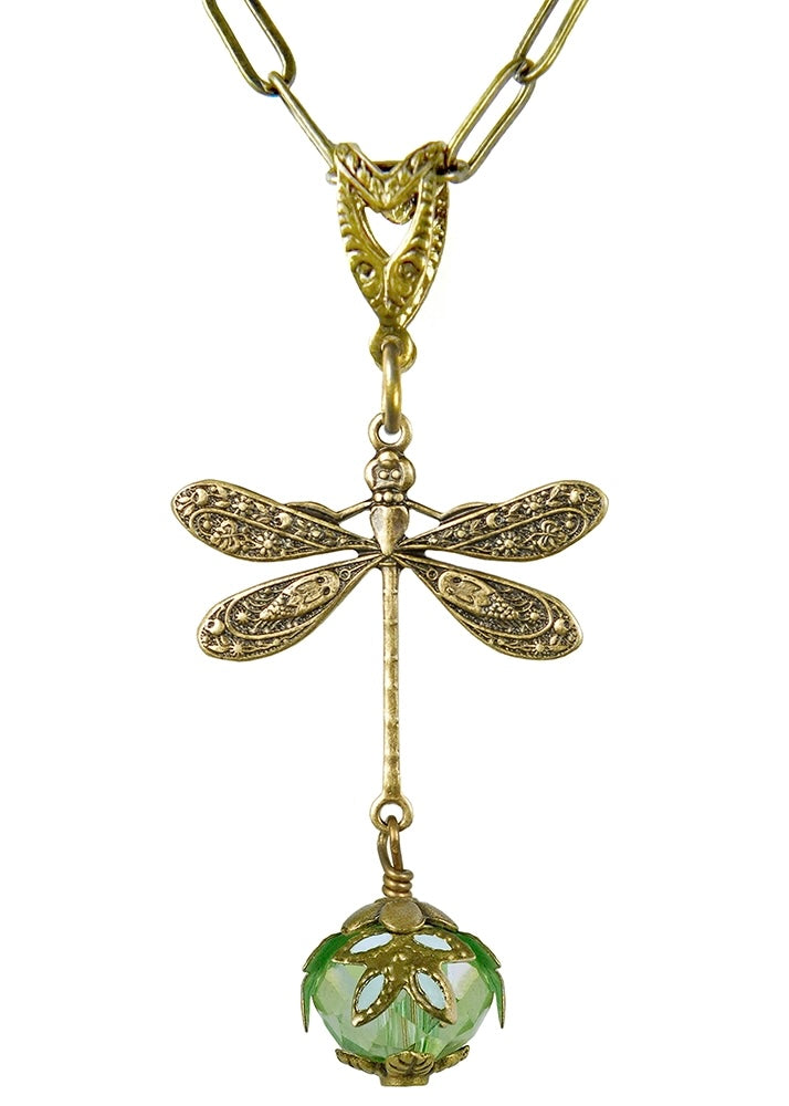 Vintage Filigree Dragonfly Necklace with Crystal