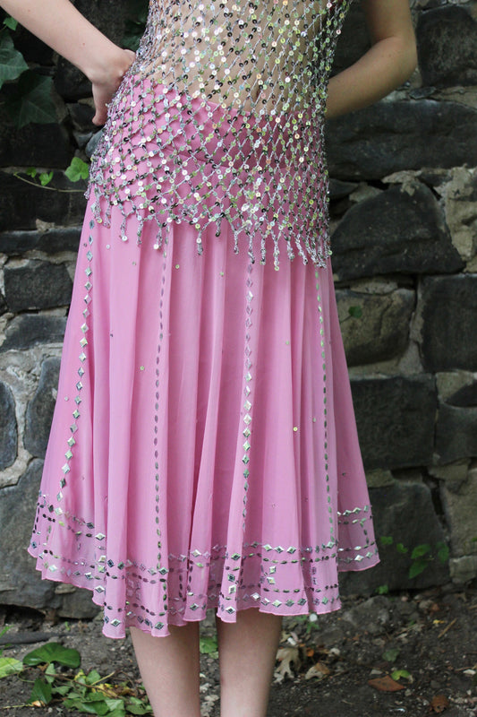 Pink Chiffon Sequin Midi Skirt