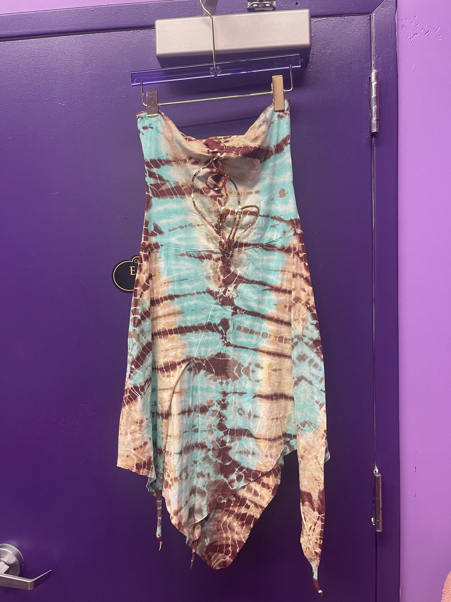 baby phat blue n brown tie dye strapless dress