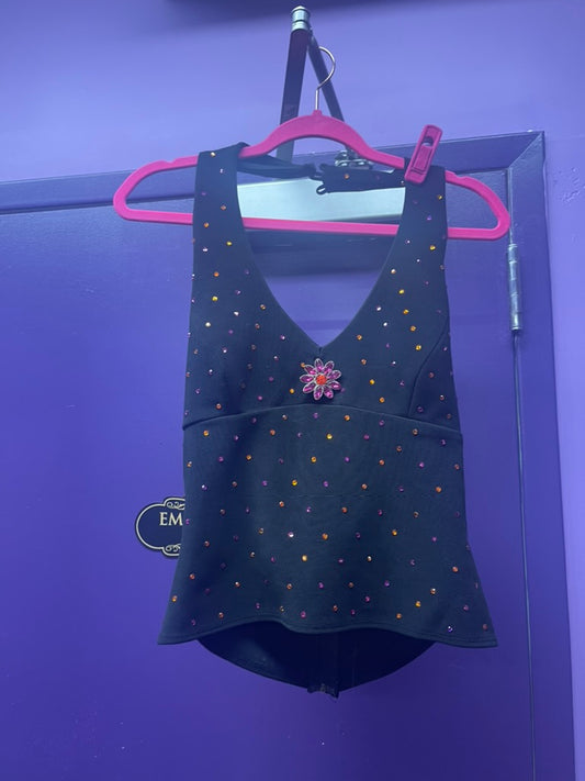 3-D1 Black Halter Top with Pink and Orange Rhinestones LM308