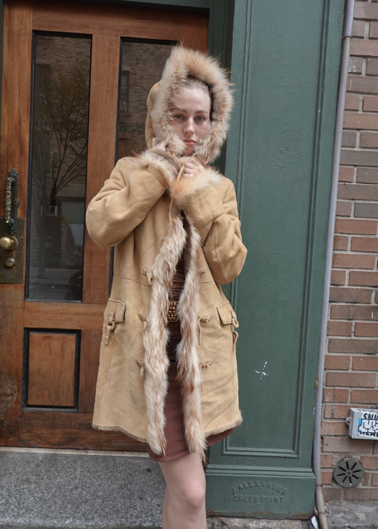 Suede Shearling Fur Trim Coat
